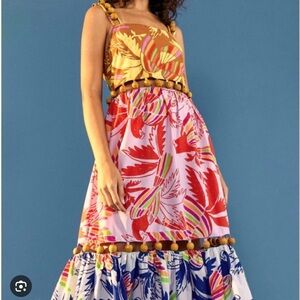 Farm Rio Mixed Colored Birds Dress with Tassels